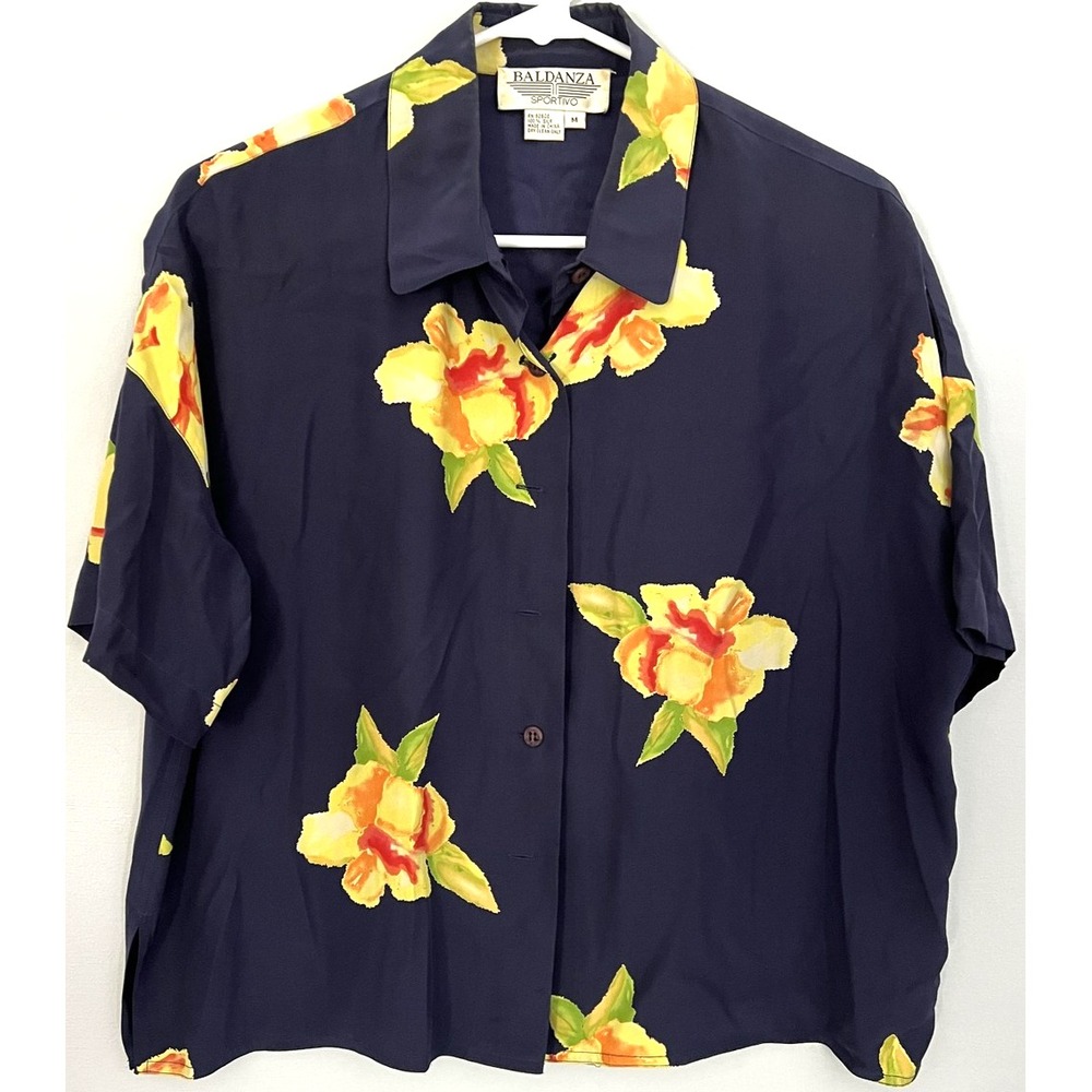 Vtg Baldanza Sportivo Shirt Womens M Navy Blue Silk Hawaiian Floral Button Front